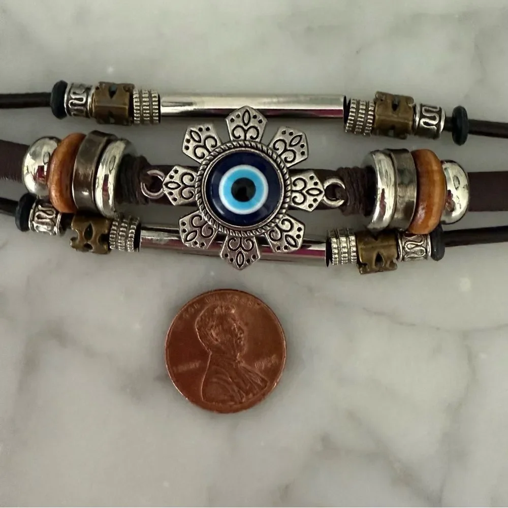 Protective Evil Eye Cuff Bracelet – Brown Leather, Boho Multi-Strand